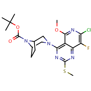 Chemical structure of tert-butyl 3-(7-chloro-8-fluoro-5-methoxy-2-methylsulfanyl-pyrido[4,3-d]pyrimidin-4-yl)-3,8-diazabicyclo[3.2.1]octane-8-carboxylate , CAS 2763158-78-5, AChemBlock X216807