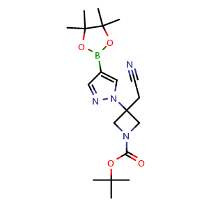 Chemical structure of tert-butyl 3-(cyanomethyl)-3-[4-(tetramethyl-1,3,2-dioxaborolan-2-yl)-1h-pyrazol-1-yl]azetidine-1-carboxylate , CAS 1153949-15-5, AChemBlock X216813