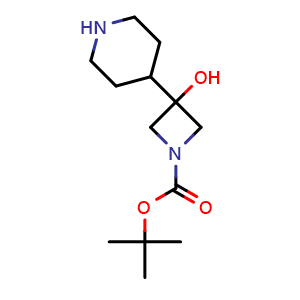 Chemical structure of tert-butyl 3-hydroxy-3-(piperidin-4-yl)azetidine-1-carboxylate , CAS 2260932-32-7, AChemBlock X216835