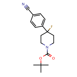 Chemical structure of tert-butyl 4-(4-cyanophenyl)-4-fluoropiperidine-1-carboxylate , CAS 912556-70-8, AChemBlock X216850