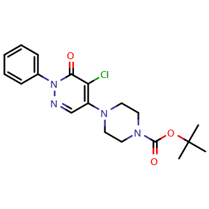 Chemical structure of tert-butyl 4-(5-chloro-6-oxo-1-phenyl-1,6-dihydropyridazin-4-yl)piperazine-1-carboxylate , CAS 1062070-07-8, AChemBlock X216852