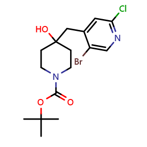 Chemical structure of tert-butyl 4-[(5-bromo-2-chloro-4-pyridyl)methyl]-4-hydroxy-piperidine-1-carboxylate , CAS 2771352-36-2, AChemBlock X216860