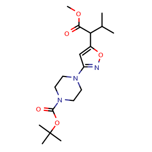 Chemical structure of tert-butyl 4-[5-(1-methoxycarbonyl-2-methyl-propyl)isoxazol-3-yl]piperazine-1-carboxylate , CAS 2378053-96-2, AChemBlock X216863