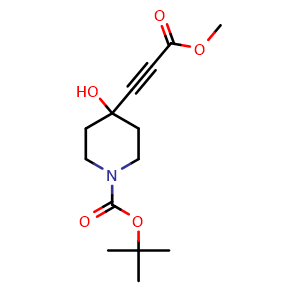 Chemical structure of tert-butyl 4-hydroxy-4-(3-methoxy-3-oxoprop-1-yn-1-yl)piperidine-1-carboxylate , CAS 365997-16-6, AChemBlock X216876