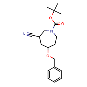 Chemical structure of tert-butyl 5-benzyloxy-3-cyano-azepane-1-carboxylate , CAS 2940956-65-8, AChemBlock X216883