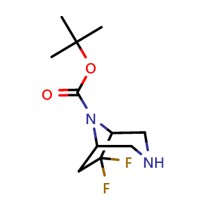 Chemical structure of tert-butyl 6,6-difluoro-3,8-diazabicyclo[3.2.1]octane-8-carboxylate , CAS 1263181-30-1, AChemBlock X216897