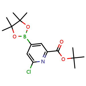 Chemical structure of tert-butyl 6-chloro-4-(4,4,5,5-tetramethyl-1,3,2-dioxaborolan-2-yl)pyridine-2-carboxylate , CAS 2096341-89-6, AChemBlock X216902