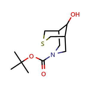 Chemical structure of tert-butyl 9-hydroxy-3-thia-7-azabicyclo[3.3.1]nonane-7-carboxylate , CAS 1780059-84-8, AChemBlock X216932