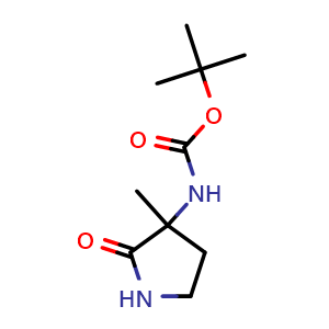 Chemical structure of tert-butyl N-(3-methyl-2-oxopyrrolidin-3-yl)carbamate , CAS 308817-68-7, AChemBlock X216952