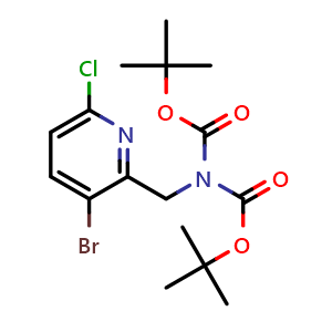 Chemical structure of tert-butyl N-[(3-bromo-6-chloropyridin-2-yl)methyl]-N-[(tert-butoxy)carbonyl]carbamate , CAS 2703752-57-0, AChemBlock X216977