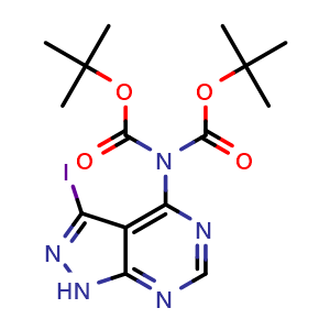 Chemical structure of tert-butyl N-[(tert-butoxy)carbonyl]-N-{3-iodo-1H-pyrazolo[3,4-d]pyrimidin-4-yl}carbamate , CAS 1513882-52-4, AChemBlock X216985