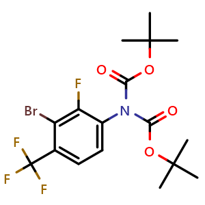 Chemical structure of tert-butyl N-[3-bromo-2-fluoro-4-(trifluoromethyl)phenyl]-N-tert-butoxycarbonyl-carbamate , CAS 2940937-36-8, AChemBlock X216992