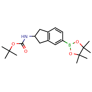 Chemical structure of tert-butyl N-[5-(4,4,5,5-tetramethyl-1,3,2-dioxaborolan-2-yl)-2,3-dihydro-1H-inden-2-yl]carbamate , CAS 1338547-17-3, AChemBlock X216993