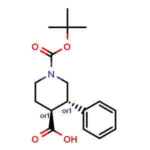 Chemical structure of trans-1-tert-butoxycarbonyl-3-phenyl-piperidine-4-carboxylic acid , CAS 1068522-17-7, AChemBlock X217039