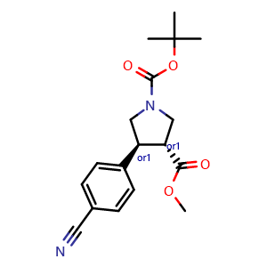 Chemical structure of trans-1-tert-butyl 3-methyl 4-(4-cyanophenyl)pyrrolidine-1,3-dicarboxylate , CAS 2966691-39-2, AChemBlock X217040