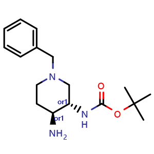 Chemical structure of trans-tert-butyl 4-amino-1-benzylpiperidin-3-ylcarbamate , CAS 1628318-01-3, AChemBlock X217058