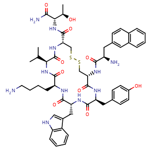 Chemical structure of (4R,7S,10S,13R,16S,19R)-13-((1H-indol-3-yl)methyl)-19-((R)-2-amino-3-(naphthalen-2-yl)propanamido)-N-((2S,3R)-1-amino-3-hydroxy-1-oxobutan-2-yl)-10-(4-aminobutyl)-16-(4-hydroxybenzyl)-7-isopropyl-6,9,12,15,18-pentaoxo-1,2-dithia-5,8,11,14,17-pentaaza.. , CAS 108736-35-2, AChemBlock X217066