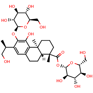 Chemical structure of 19-O-beta-D-carboxyglucopyranosyl-12-O-beta-D-glucopyranosyl-11,16-dihydroxyabieta-8,11,13-triene , CAS 1011714-20-7, AChemBlock X217111
