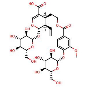 Chemical structure of 7-O-(4-beta-D-glucopyranosyloxy-3-methoxybenzoyl)secologanolic acid , CAS 469899-55-6, AChemBlock X217126