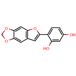 Chemical structure of 2-(2,4-Dihydroxyphenyl)-5,6-methylenedioxybenzofuran (ABF) , CAS 67121-26-0, AChemBlock X217165