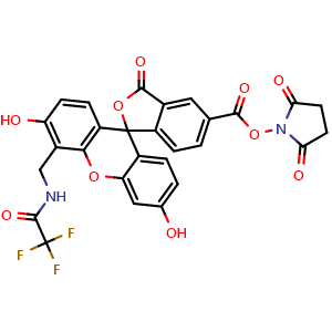 Chemical structure of 2,5-dioxopyrrolidin-1-yl 3',6'-dihydroxy-3-oxo-4'-((2,2,2-trifluoroacetamido)methyl)-3H-spiro[isobenzofuran-1,9'-xanthene]-5-carboxylate , CAS 494754-60-8, AChemBlock X217182