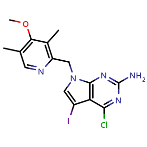 Chemical structure of 4-chloro-5-iodo-7-((4-methoxy-3,5-dimethylpyridin-2-yl)methyl)-7H-pyrrolo[2,3-d]pyrimidin-2-amine , CAS 911397-54-1, AChemBlock X217296