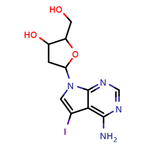 Chemical structure of (2S,3R,5S)-7-Deaza-2'-deoxy-7-iodoadenosine , CAS 908130-61-0, AChemBlock X217298