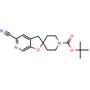Chemical structure of tert-butyl 5-cyanospiro[3H-furo[2,3-c]pyridine-2,4'-piperidine]-1'-carboxylate , CAS 2771352-84-0, AChemBlock X217302