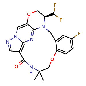 Chemical structure of (S,14aE,15aE)-13-(difluoromethyl)-35-fluoro-6,6-dimethyl-13,14-dihydro-12H-4-oxa-7-aza-1(4,6)-pyrazolo[1',5':1,2]pyrimido[5,4-b][1,4]oxazina-3(1,2)-benzenacyclooctaphan-8-one , CAS 2648641-36-3, AChemBlock X217308