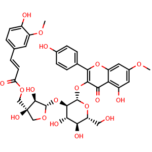 Chemical structure of ((3S,4R,5S)-5-(((2S,3R,4S,5S,6R)-4,5-dihydroxy-2-((5-hydroxy-2-(4-hydroxyphenyl)-7-methoxy-4-oxo-4H-chromen-3-yl)oxy)-6-(hydroxymethyl)tetrahydro-2H-pyran-3-yl)oxy)-3,4-dihydroxytetrahydrofuran-3-yl)methyl (E)-3-(4-hydroxy-3-methoxyphenyl)acrylate , CAS 148210-00-8, AChemBlock X217379