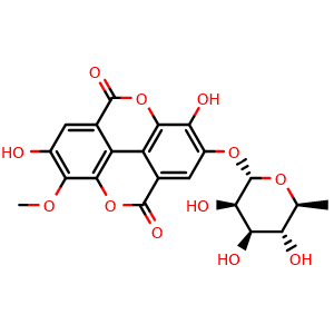 Chemical structure of 3-O-methylellagic acid 4'-O-alpha-L-rhamnopyranoside , CAS 51768-39-9, AChemBlock X217485