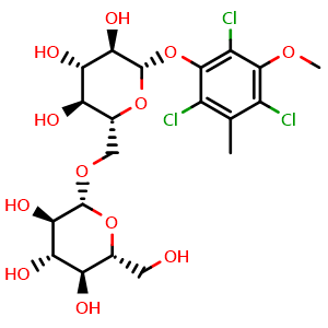 Chemical structure of 2,4,6-trichlorol-3-methyl-5-methoxyphenol-1-O-beta-D-glucopyranosyl-(1->6)-beta-D-glucopyranoside , CAS 1447969-66-5, AChemBlock X217497