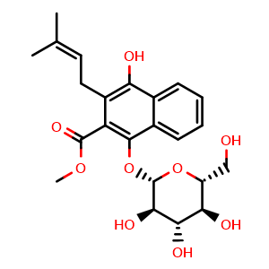 Chemical structure of 1,4-Dihydroxy-2-carbomethoxy-3-prenylnaphthalene-1-O-beta-glucopyranoside , CAS 1415729-43-9, AChemBlock X217520