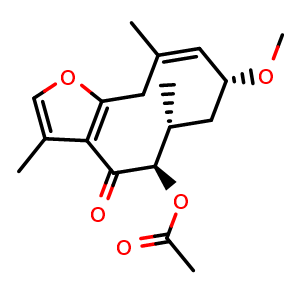 Chemical structure of 2-Methoxy-5-acetoxy-furanogermacr-1(10)-en-6-one , CAS 1809980-25-3, AChemBlock X217539