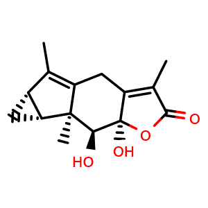 Chemical structure of 8beta,9alpha-Dihydroxylindan-4(5),7(11)-dien-8alpha,12-olide , CAS 956707-04-3, AChemBlock X217588