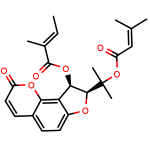 Chemical structure of 3'-Angeloyloxy-4'-senecioyloxy-2',3'-dihydrooroselol , CAS 1221686-60-7, AChemBlock X217604