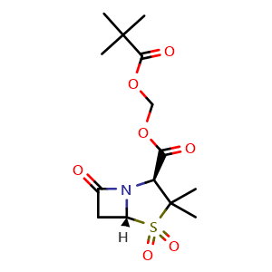 Chemical structure of (pivaloyloxy)methyl (2S,5R)-3,3-dimethyl-7-oxo-4-thia-1-azabicyclo[3.2.0]heptane-2-carboxylate 4,4-dioxide , CAS 69388-79-0, AChemBlock X217642