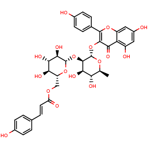 Chemical structure of ((2R,3S,4S,5R,6S)-6-(((2S,3R,4R,5R,6S)-2-((5,7-dihydroxy-2-(4-hydroxyphenyl)-4-oxo-4H-chromen-3-yl)oxy)-4,5-dihydroxy-6-methyltetrahydro-2H-pyran-3-yl)oxy)-3,4,5-trihydroxytetrahydro-2H-pyran-2-yl)methyl (E)-3-(4-hydroxyphenyl)acrylate , CAS 111957-48-3, AChemBlock X217686