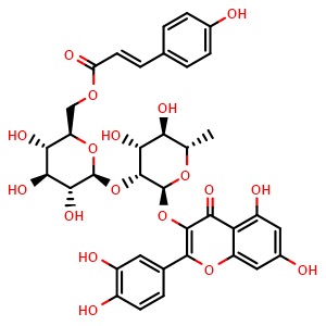 Chemical structure of Quercetin 3-O-beta-(6''-p-coumaroyl)glucopyranosyl(1->2)-alpha-L-rhamnopyranoside , CAS 143061-65-8, AChemBlock X217690