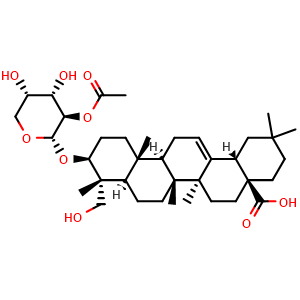 Chemical structure of Hederagenin 3-O-(2-O-acetyl-alpha-L-arabinopyranoside) , CAS 87562-05-8, AChemBlock X217803