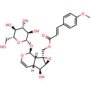 Chemical structure of 10-O-trans-p-methoxycinnamoyl-catalpol , CAS 201605-27-8, AChemBlock X217807