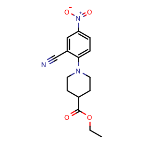 Chemical structure of ethyl 1-(4-nitro-2-cyanophenyl)piperidin-4-ylcarboxylate , CAS 288251-84-3, AChemBlock X217889