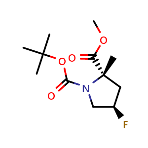 Chemical structure of 1-(tert-butyl) 2-methyl (2S,4R)-4-fluoro-2-methylpyrrolidine-1,2-dicarboxylate , CAS 2381663-51-8, AChemBlock X217944