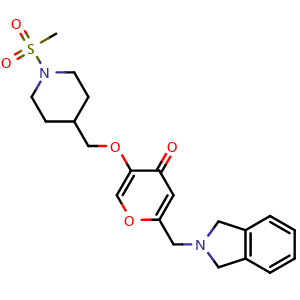 Chemical structure of 2-(Isoindolin-2-ylmethyl)-5-[[1-(methylsulfonyl)-4-piperidyl]methoxy]-4H-pyran-4-one , CAS 2231294-96-3, AChemBlock Y218117