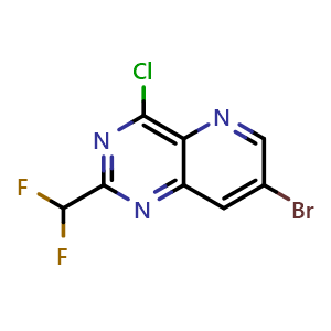 Chemical structure of 7-Bromo-4-chloro-2-(difluoromethyl)pyrido[3,2-d]pyrimidine , CAS 2377656-18-1, AChemBlock Y218160