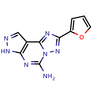 Chemical structure of 5-Amino-2-(2-furyl)-7H-pyrazolo[4,3-e][1,2,4]triazolo[1,5-c]pyrimidine , CAS 162401-16-3, AChemBlock Y218172