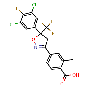 Chemical structure of 4-[5-(3,5-Dichloro-4-fluorophenyl)-5-(trifluoromethyl)-4,5-dihydro-3-isoxazolyl]-2-methylbenzoic acid , CAS 1332698-41-5, AChemBlock Y218196