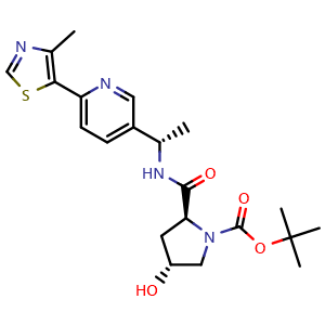 Chemical structure of (2S,4R)-1-Boc-4-hydroxy-N-[(S)-1-[6-(4-methyl-5-thiazolyl)-3-pyridyl]ethyl]pyrrolidine-2-carboxamide , CAS 2378052-13-0, AChemBlock Y218224