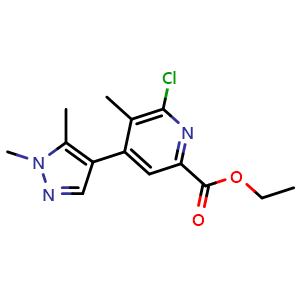 Chemical structure of Ethyl 6-Chloro-4-(1,5-dimethyl-4-pyrazolyl)-5-methylpicolinate , CAS 2995277-72-8, AChemBlock Y218268