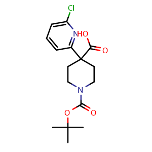 Chemical structure of 1-Boc-4-(6-chloro-2-pyridyl)piperidine-4-carboxylic acid , CAS 2230200-27-6, AChemBlock Y218273